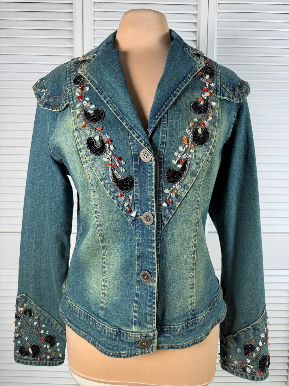 PJ Shernda Beaded Denim Jacket Western Boho Y2K Embellished Medium